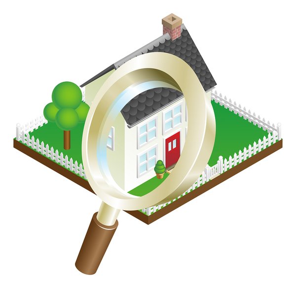 Digital drawing of a house with a magnifying glass over it.